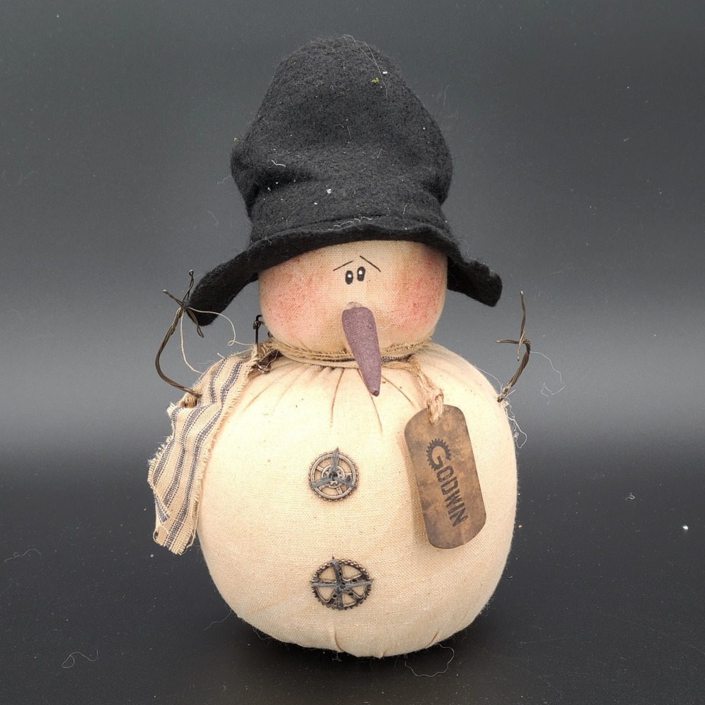 Honey & Me Fabric Tea Stain Snowman Godwin Wire Arms Gear Buttons Black Tophat